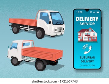 Poster Service Delivery of online goods out of town in the context of the COVID-19 coronavirus pandemic. Vector illustration