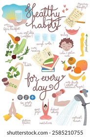 Poster with set of 15 healthy habits for every day. Water, fruits, vegetables, activity, sport, yoga, meditations, lists ,reading, smiling, gratitude, ecological behavior, cold shower, good posture.