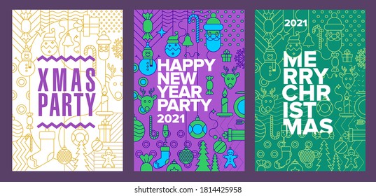 Poster set, 2021, Holiday Christmas Party and New Year Party Invitation Design Template with line art icons