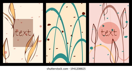 
Poster set of 3, minilalist abstract style background, organic shapes, hand drawn leaves, copy space for text, rainbow shape, boho color palette of pink, green, brown. Vector illustration