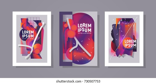 Poster set with abstract composition. Colorful shapes and gradients and hipster colors. Trendy design.