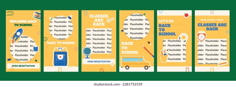 Ein Plakatset für wieder zurück in die Schule, Storys in sozialen Medien. Zurück zu Schulsymbolen auf gelbem Hintergrund mit dekorativen, niedlichen Elementen. Platzhalterbild, Idee des Konzepts.