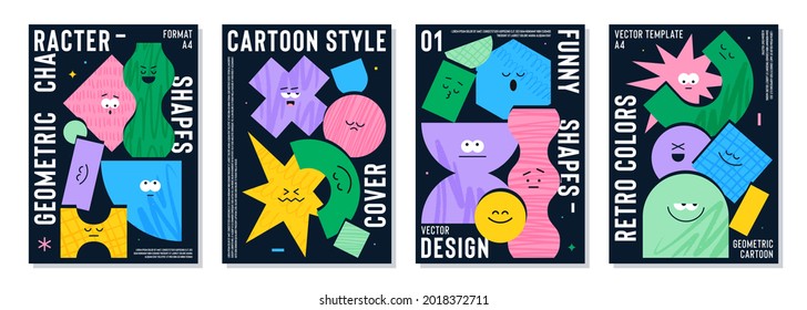 Poster set of cartoon geometric figures with different face emotions, funny print idea for kids. Colorful characters with textures, trendy vector illustrations, basic various figures.