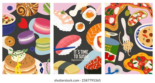 Poster set of cartoon traditional food from different countries. French cuisine with macarons, julienne, pastries. Asian cuisine, traditional sushi. Italian cuisine, margherita pizza and pasta