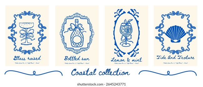 Poster set with champagne glass, champagne bottle, spritz, and seashell - stylish seaside drink-themed poster collection. Vector illustration.
