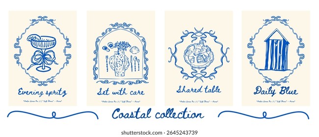 Poster set with champagne, snack tray with sardines and cheese, setting table, and beach hut - gourmet coastal poster set. Vector illustration.