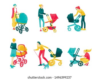 Poster Set Character Young Mothers Cartoon Flat. Woman Walking with Stroller and Dog. Group Young Mothers with Different Strollers for Babies. Vector Illustration on White Background.