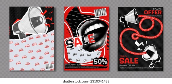 Poster set with collages. Punk pop art with megaphones and mouths. Halftone-inspired paper cutout elements. Barcodes and stickers on textured backgrounds for flyers. Vector illustration.