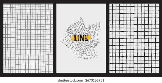 Poster set collection with hand drawn line and square grid illustration in black and white style. Minimal abstract design perfect for modern wall art and decoration.
