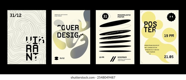 Poster set combining abstract shapes with bold typography. Emphasizes minimalist layouts, modern vector graphics, and organic patterns.