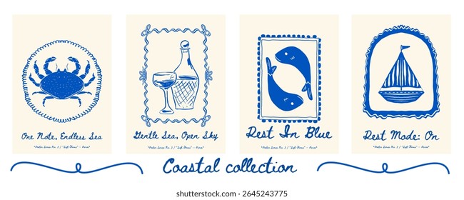 Poster set with crab, wine bottle and glass, dolphins, and boat - vibrant summer wall art poster collection. Vector illustration.