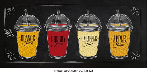 Poster set of cups with dome and different juices drawing with chalk on the blackboard