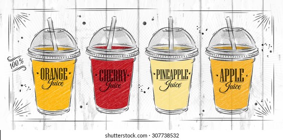 Poster set of cups with dome and different juices drawing on wood background