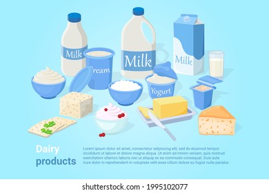 A poster with a set of dairy products on a blue background .Illustrations of milk, cottage cheese, butter, sour cream, cream, cheese and yogurt.Illustrations in a hand-drawn style.Fresh farm products.