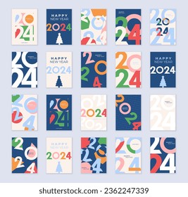 Poster set design of 2024 Happy New Year. Mega set. Strong typography. Colorful and easy to remember. Greeting concept for 2024 new year celebration. Happy new year 2024 design poster. Vector poster