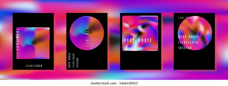 Poster set for disco dance party night. Electro vaporwave style music concert, club event flyer invitation. A4 size background with vibrant holographic neon geometric shapes.