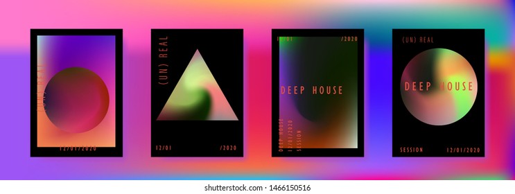 Poster set for disco dance party night. Electro vaporwave style music concert, club event flyer invitation. A4 size background with vibrant holographic neon geometric shapes.