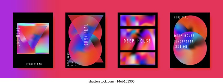 Poster set for disco dance party night. Electro vaporwave style music concert, club event flyer invitation. A4 size background with vibrant holographic neon geometric shapes.