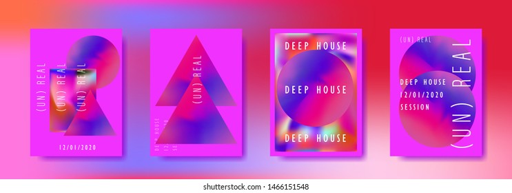 Poster set for disco dance party night. Electro vaporwave style music concert, club event flyer invitation. A4 size background with vibrant holographic neon geometric shapes.