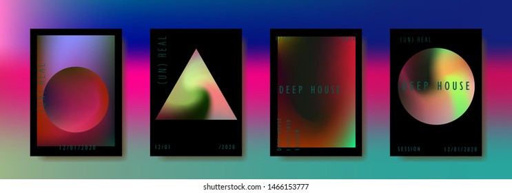 Poster set for disco dance party night. Electro vaporwave style music concert, club event flyer invitation. A4 size background with vibrant holographic neon geometric shapes.