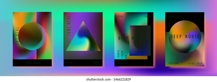 Poster set for disco dance party night. Electro vaporwave style music concert, club event flyer invitation. A4 size background with vibrant holographic neon geometric shapes.