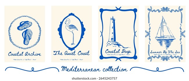 Poster set with flip-flops, flamingo, lighthouse, and boat - playful 4-poster summer decor set for beach lovers. Vector illustration.