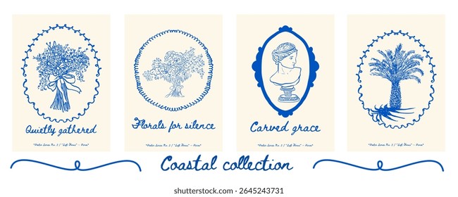 Poster set with flower bouquets, head sculpture, and palm tree - decorative marine art print collection with soft summer tones. Vector illustration.