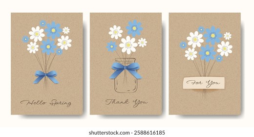 Poster Set with Flowers, Jar and 3D Bow on Kraft Paper. Spring or Summer Cards with Bouquet on Cardboard Background. Brown Kraft Sheet Texture. Template with Floral on Vintage Parchment Background.