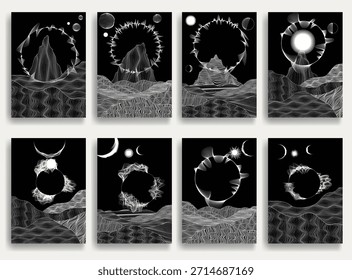 Conjunto de póster con paisaje futurista, con textura de líneas . Paisaje espacial con luna y sol . Ilustración vectorial del espacio profundo. Vector arte de línea. Explosión de estrella .