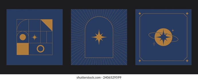 Poster set of geometric minimalist blue and gold space