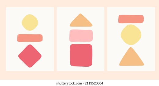 Poster set with geometric shapes. Print for decorating a children's room, living room interior. Hand drawn geometric shapes.