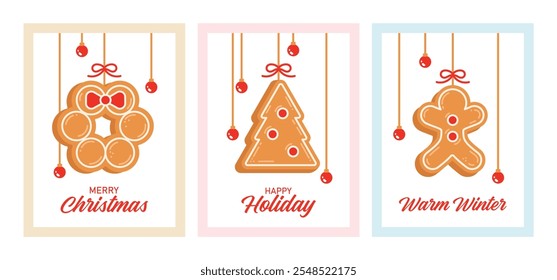 Poster set with gingerbread cookies. Greeting Christmas cards, banners with lettering. Invitation for celebration, Christmas greeting card. Place for text. Christmas tree. Vector illustration