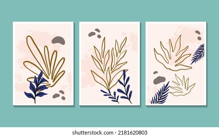 Poster set golden line art and black watercolor leaves and shapes