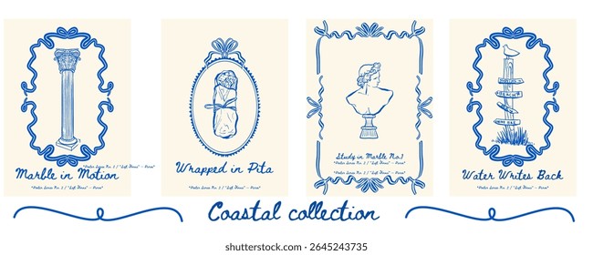 Poster set with Greek column, fast food, male statue head, and beach direction sign - cultural coastal poster bundle for modern interiors. Vector illustration.