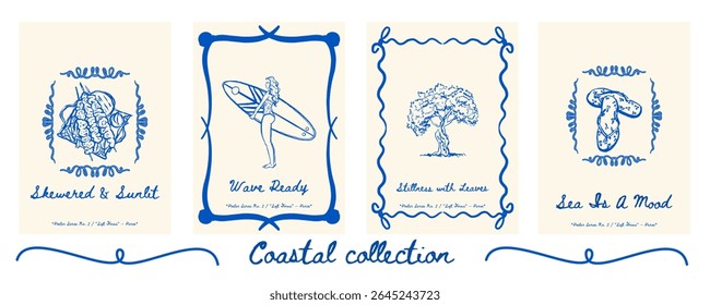 Poster com souvlaki grego, surf girl, oliveira e flip-flops - coleção de arte de parede de verão mediterrâneo de 4 peças. Ilustração vetorial.