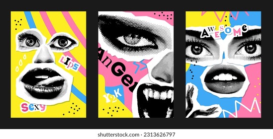 Afiche con collages de tonos de color con diseño de medios mixtos. Caras punk con ojos y bocas. Elementos de corte de papel inspirados en el semitono. Pegatinas con textura vívida para los volantes. Ilustración vectorial.