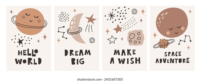 Poster set with hand drawn cute planets, stars, space elements with quote. Vector illustration.