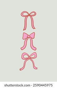 Poster with set of hand drawn pink ribbons. Vector illustration of bows in retro style. Coquette aesthetic vintage clipart