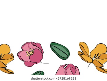 Cartel con un conjunto de íconos de varias flores de primavera en estilo de boceto con diferentes contornos y manchas de color detrás, para logotipos y Elementos de marca