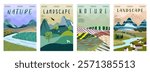 A poster set inspired by the heart of nature. Peaceful landscapes with houses, trees, parks, forests and skies.