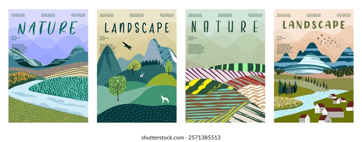 A poster set inspired by the heart of nature. Peaceful landscapes with houses, trees, parks, forests and skies.