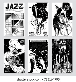 Poster Set for the Jazz Festival with Musical Instruments. Hand Drawn illustration with Different Ink Textures.