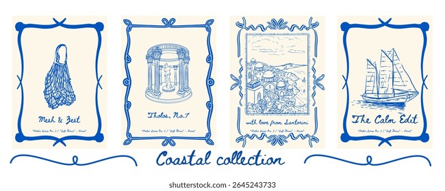 Poster com saco de tote de limão, tolos gregos, estátua de Vênus e barco Santorini - coleção de arte decorativa de parede de verão com citações marinhas. Ilustração vetorial.