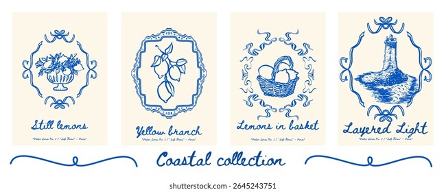 Poster set with lemon vase, whole lemons, lemon basket, and lighthouse - sunlit coastal printable poster collection. Vector illustration.