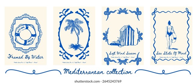 Poster set with life ring, palm tree, beach cabin, and girl with float - summer rescue beach wall art collection. Vector illustration.