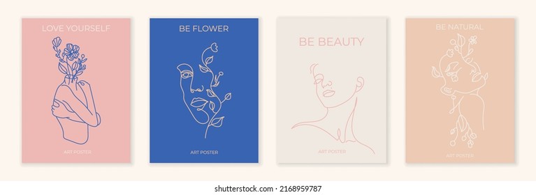 Juego de afiches con la cara de la línea. Amate y sé belleza. ilustración de vector de arte abstracto