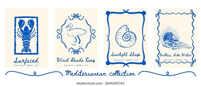 Poster set with lobster, seabird, seashell, and ocean wave - marine poster collection with nautical quotes and decorative frames. Vector illustration.