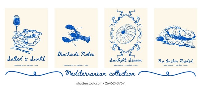 Poster set with lobster and wine glass, lobster again, shell, and sea wave - gourmet marine wall art poster collection. Vector illustration.