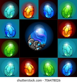 A poster with a set of magic colorful glowing egg of ancient reptiles or birds isolated on black and blue background. Sketch for stickers, card, wrapping paper. Vector cartoon close-up illustration.