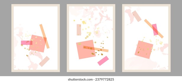 Poster set, minimal and gold abstract wall art. Soft tone pink handmade geometric square for wall prints, canvas prints, posters, home decor, covers, wallpapers.	